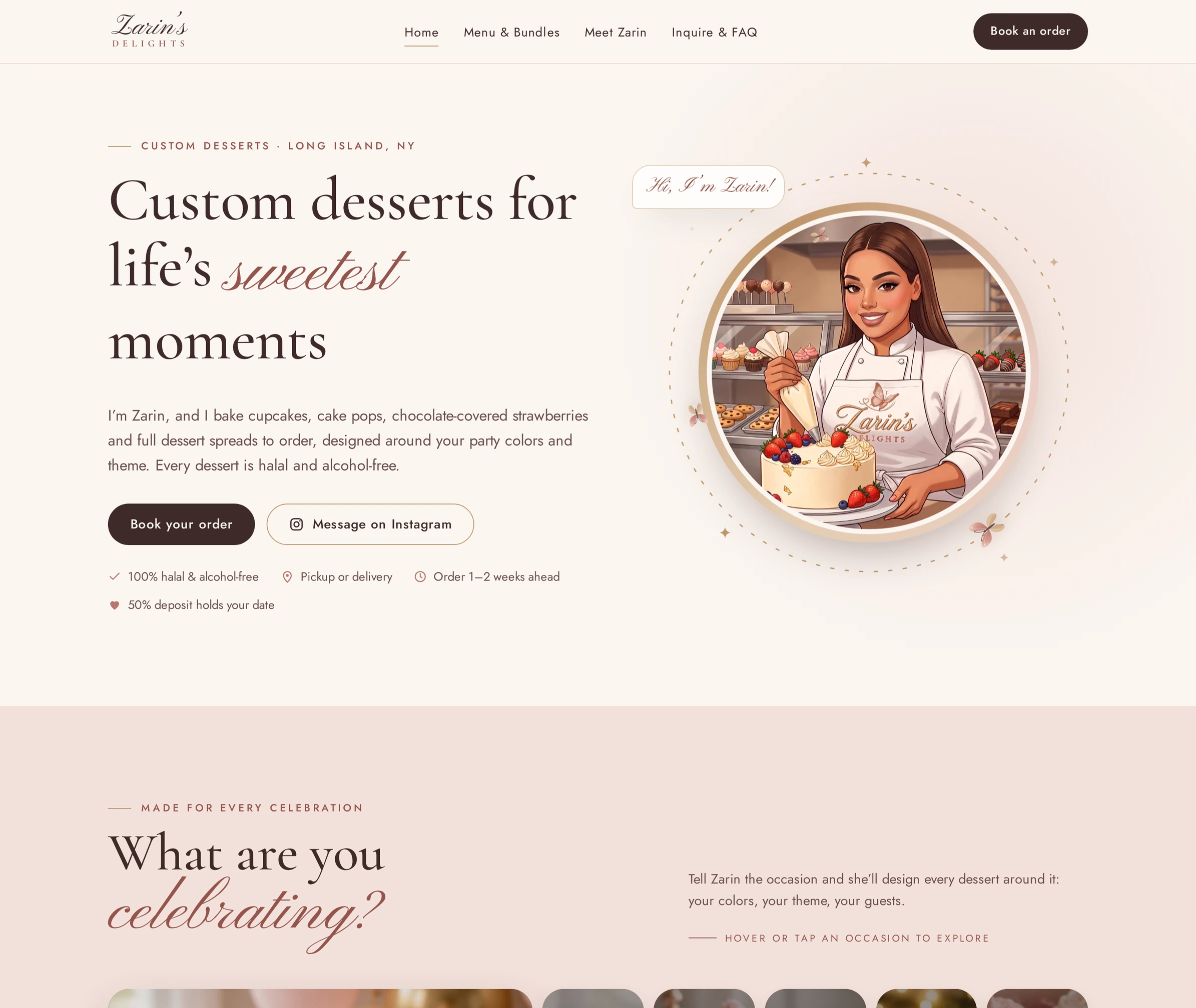 Zarin's Delights home page with an illustrated portrait of Zarin decorating a cake